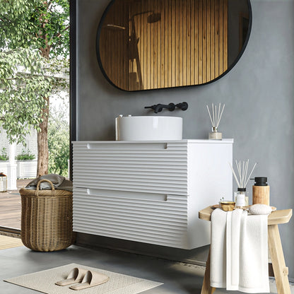 Mobile bagno bianco opaco 80x45 Mango due cassetti soft close con lavabo tondo da appoggio in ceramica lucida
