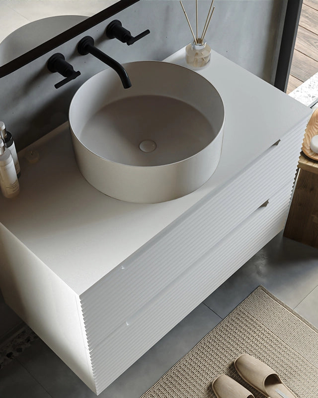 Mobile bagno bianco opaco 100x45 Mango lavabo da appoggio, dettaglio ravvicinato della finitura e del cassetto - Exagonshop