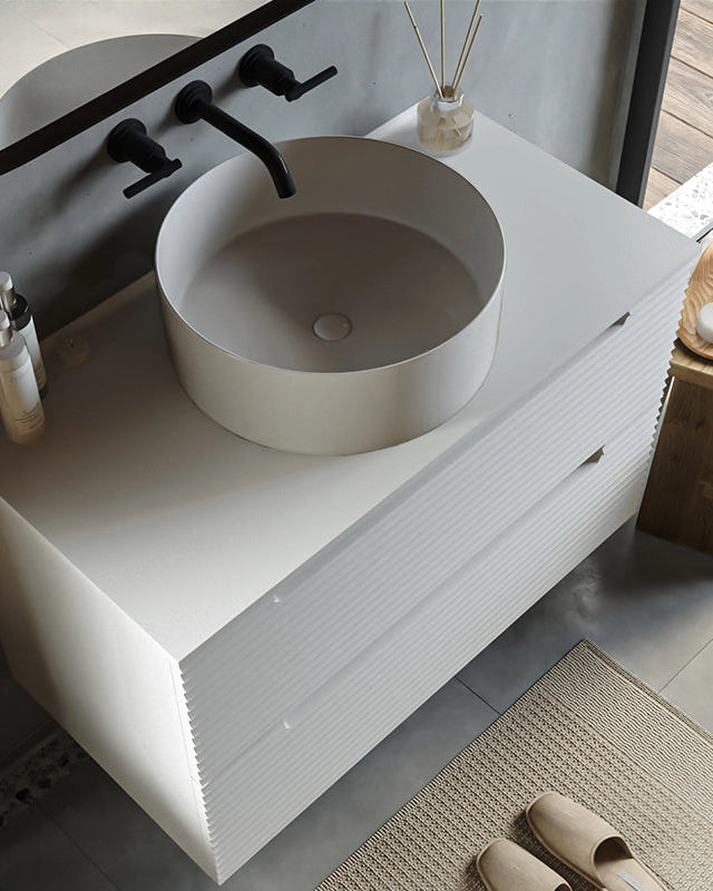 Mobile bagno bianco opaco 80x45 Mango lavabo tondo da, dettaglio ravvicinato della finitura e del cassetto - Exagonshop