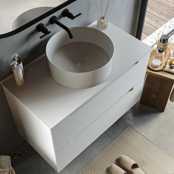 Mobile bagno bianco opaco 80x45 Mango due cassetti soft close con lavabo tondo da appoggio in ceramica lucida