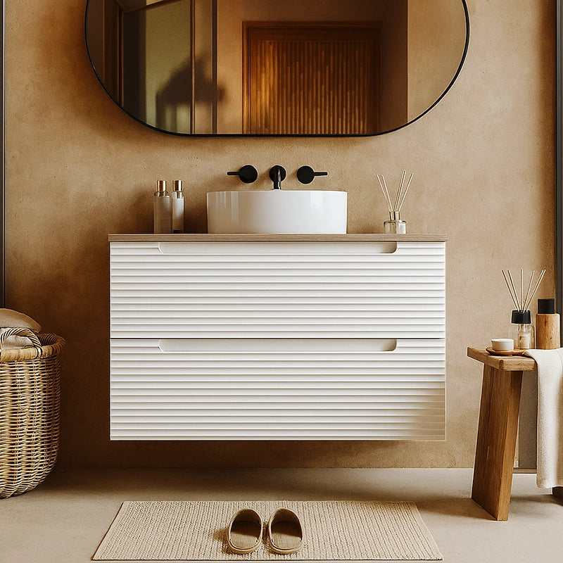 Mobile bagno bianco opaco 100x45 Mango due cassetti soft close con top quercia e lavabo tondo da appoggio in ceramica lucida