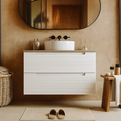 Mobile bagno bianco opaco 100x45 Mango due cassetti soft close con top quercia e lavabo tondo da appoggio in ceramica lucida