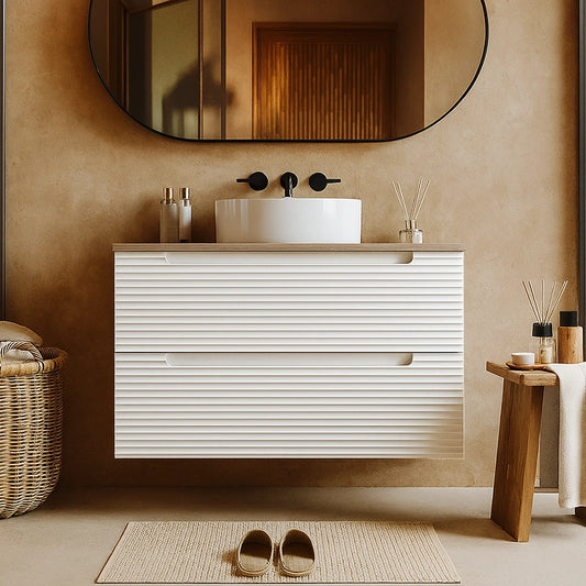 Mobile bagno bianco opaco 100x45 Mango due cassetti soft close con top quercia e lavabo tondo da appoggio in ceramica lucida