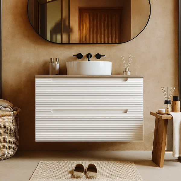 Mobile bagno bianco opaco 100x45 Mango due cassetti soft close con top quercia e lavabo tondo da appoggio in ceramica lucida