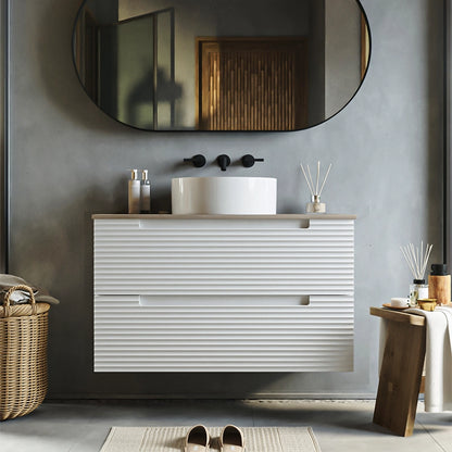 Mobile bagno bianco opaco 100x45 Mango due cassetti soft close con top quercia e lavabo tondo da appoggio in ceramica lucida