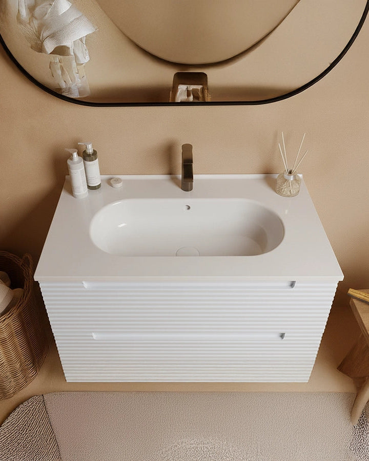 Mobile bagno bianco opaco 100x45 Mango lavabo in ceramica, vista laterale della struttura sospesa - Exagonshop