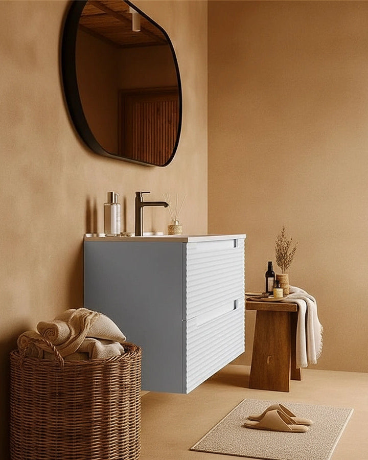 Mobile bagno bianco opaco 80x45 Mango lavabo in ceramica, dettaglio ravvicinato della finitura e del cassetto - Exagonshop