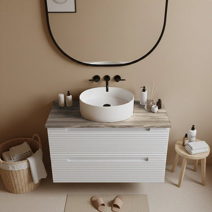 Mobile bagno bianco opaco 100x45 Mango top quercia e lavabo appoggio in ceramica lucida