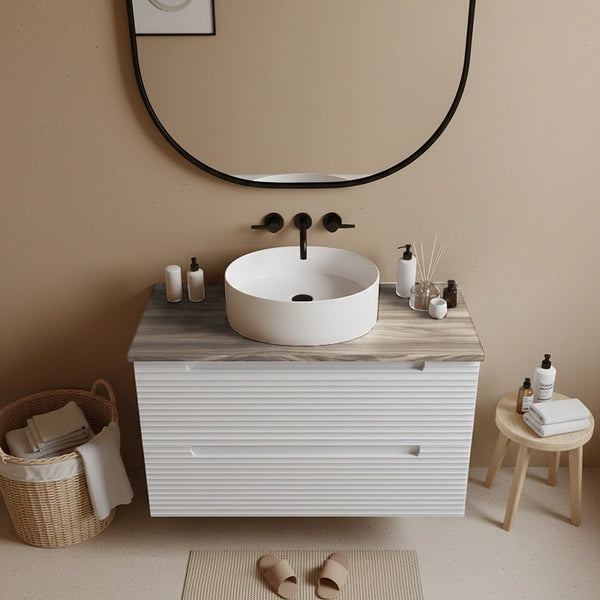 Mobile bagno bianco opaco 100x45 Mango top quercia e lavabo appoggio in ceramica lucida
