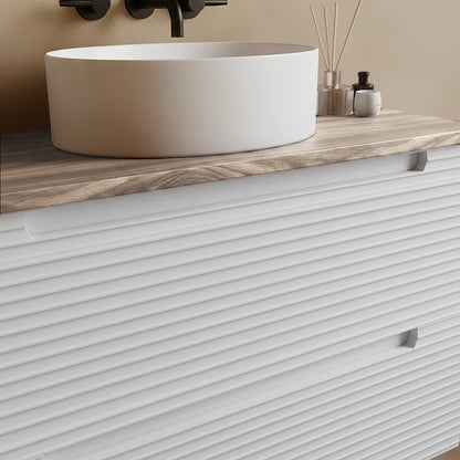 Mobile bagno bianco opaco 100x45 Mango top quercia e lavabo appoggio in ceramica lucida