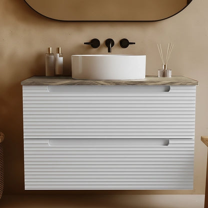 Mobile bagno bianco opaco 100x45 Mango top quercia e lavabo appoggio in ceramica lucida