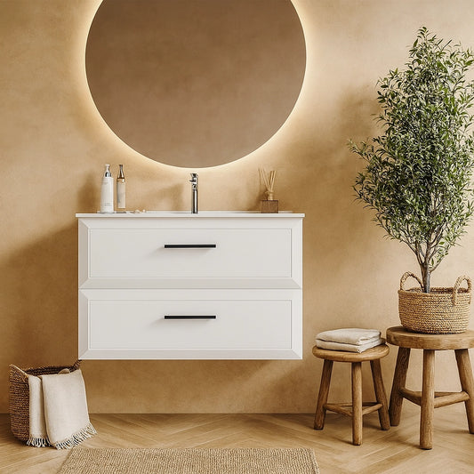 Mobile bagno bianco opaco 100x45 Praga due cassetti soft close con lavabo in ceramica