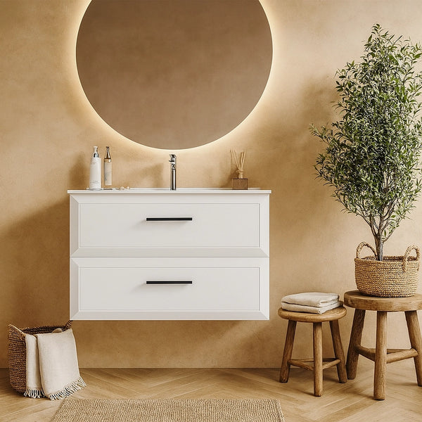 Mobile bagno bianco opaco 100x45 Praga due cassetti soft close con lavabo in ceramica