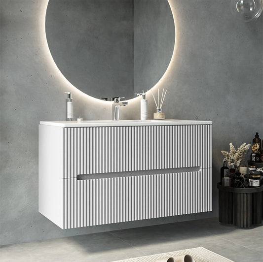 Mobile bagno bianco opaco 100x46 cannettato Urbino 2.0 con lavabo in resina e due cassetti