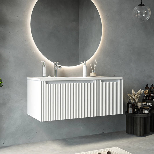 Mobile bagno bianco opaco 100x46 cannettato Urbino 2.0 con lavabo sinistro in resina un anta e cassetto
