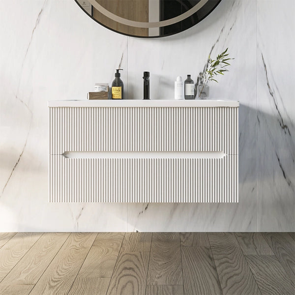 Mobile bagno bianco opaco 120x46 cannettato Urbino due cassetti con lavabo in ceramica