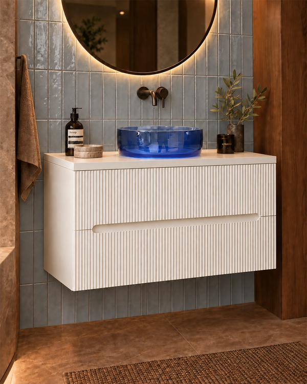 Mobile bagno bianco opaco 70x46 cannettato Ischia ciotola in resina blu