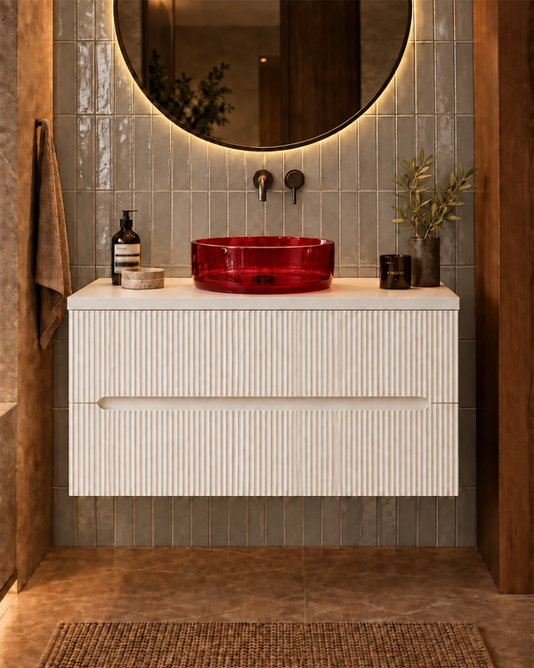 Mobile bagno bianco opaco 70x46 cannettato Ischia ciotola in resina rosso