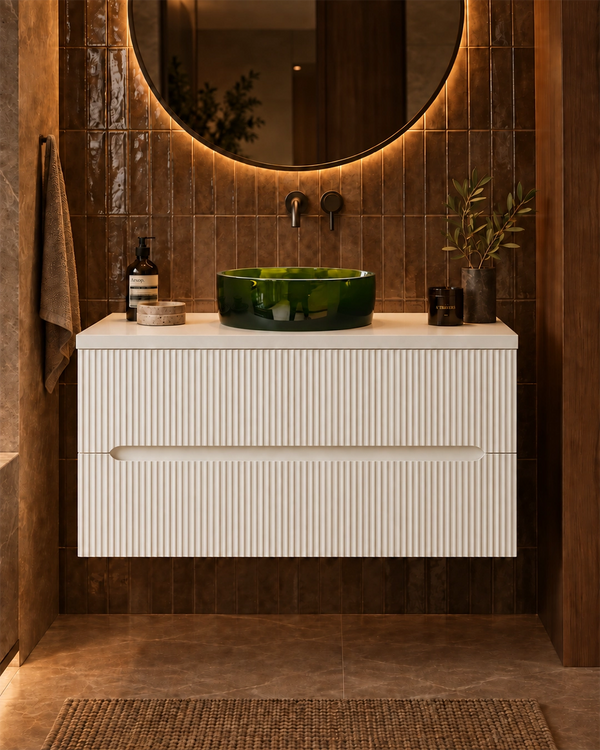 Mobile bagno bianco opaco 70x46 cannettato Ischia ciotola in resina verde