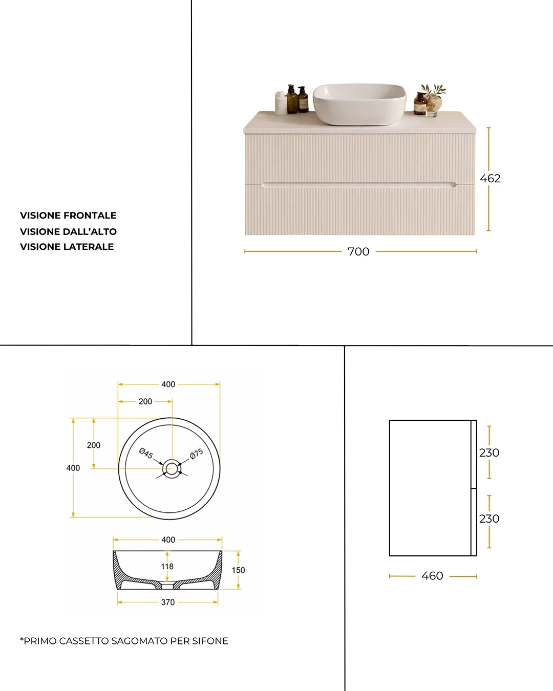 Mobile bagno bianco opaco 70x46 cannettato Ischia ciotola in resina verde