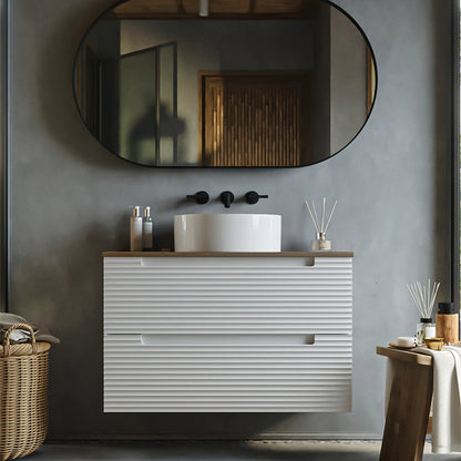 Mobile bagno bianco opaco 80x45 Mango due cassetti soft close con top noce e lavabo tondo da appoggio in ceramica lucida