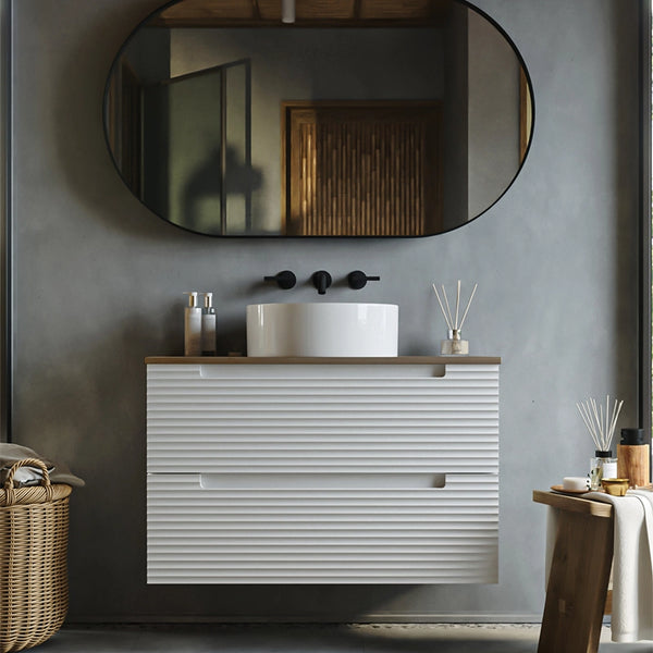 Mobile bagno bianco opaco 80x45 Mango due cassetti soft close con top noce e lavabo tondo da appoggio in ceramica lucida