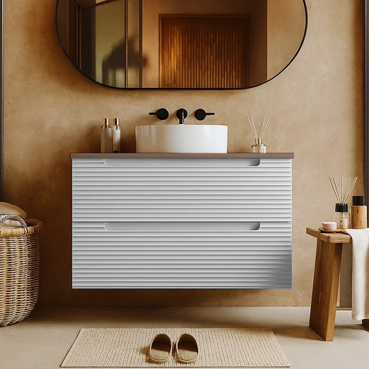 Mobile bagno bianco opaco 80x45 Mango due cassetti soft close con top noce e lavabo tondo da appoggio in ceramica lucida