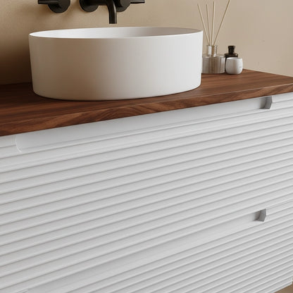 Mobile bagno bianco opaco 80x45 Mango top noce e lavabo tondo da appoggio in ceramica