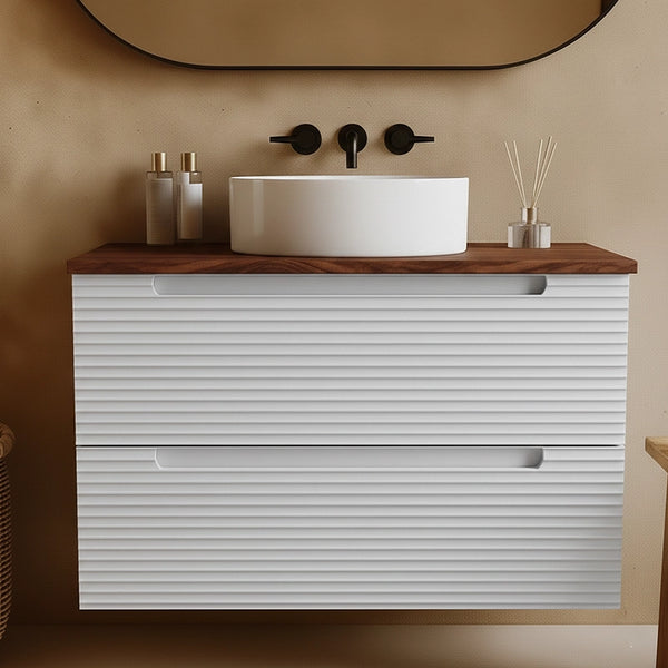 Mobile bagno bianco opaco 80x45 Mango top noce e lavabo tondo da appoggio in ceramica