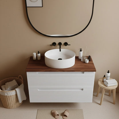 Mobile bagno bianco opaco 80x45 Mango top noce e lavabo tondo da appoggio in ceramica