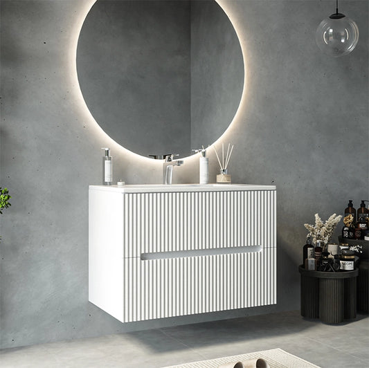 Mobile bagno bianco opaco 80x46 cannettato Urbino 2.0 con lavabo in resina e due cassetti