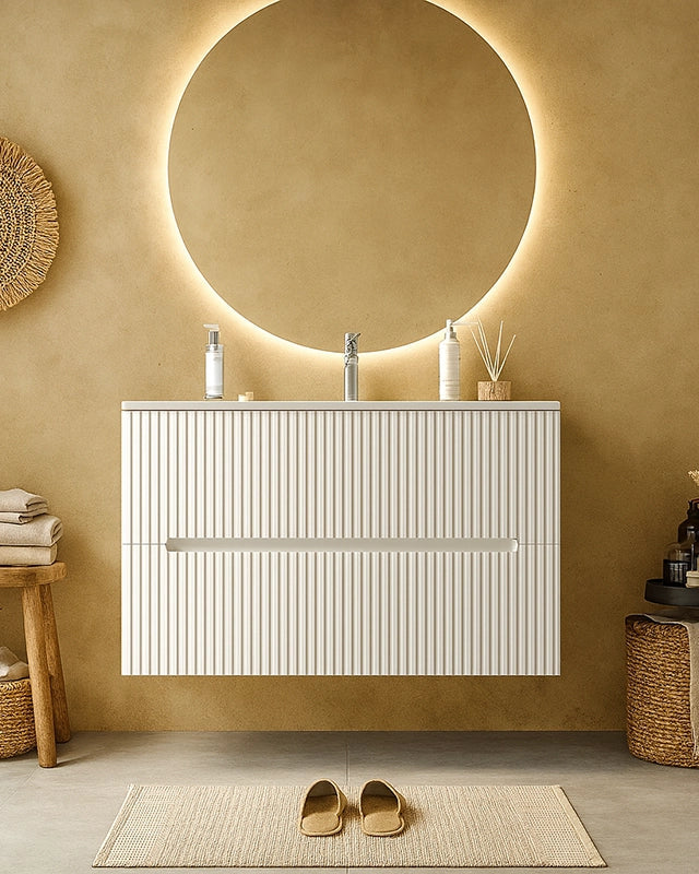 Mobile bagno bianco opaco 100x46 cannettato Urbino 2.0 con in resina e lucido con lavabo e rubinetteria, vista frontale...