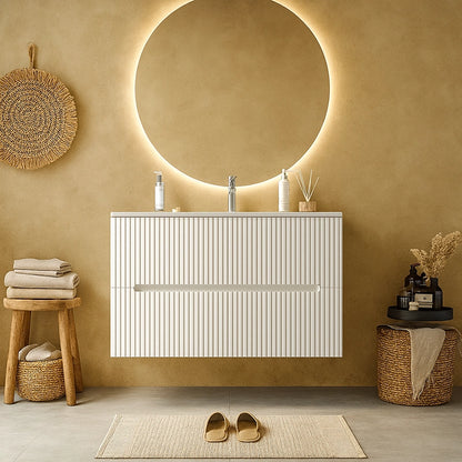 Mobile bagno bianco opaco 80x46 cannettato Urbino 2.0 con lavabo in resina e due cassetti