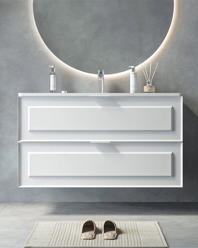 Mobile bagno bianco opaco 82x47 Dublino con lavabo in ambientato in bagno moderno con specchio e accessori - Exagonshop