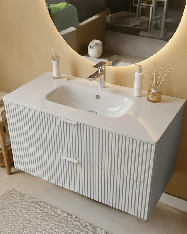 Mobile bagno bianco opaco 82x47 cannettato Teramo con, vista dall'alto del piano con lavabo - Exagonshop