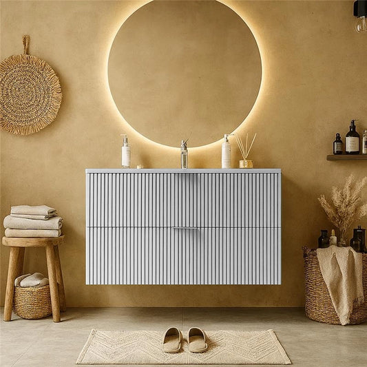Mobile bagno bianco opaco 82x47 cannettato Teramo con lavabo in ceramica due cassetti