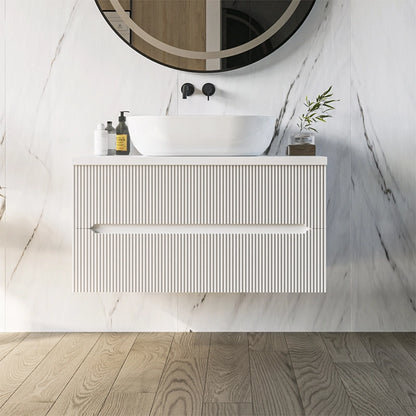 Mobile bagno bianco opaco 90x46 cannettati Urbino con ciotola da appoggio rettangolare in ceramica e due cassetti