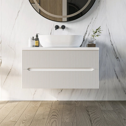 Mobile bagno bianco opaco 90x46 cannettati Urbino con ciotola da appoggio rettangolare in ceramica e due cassetti