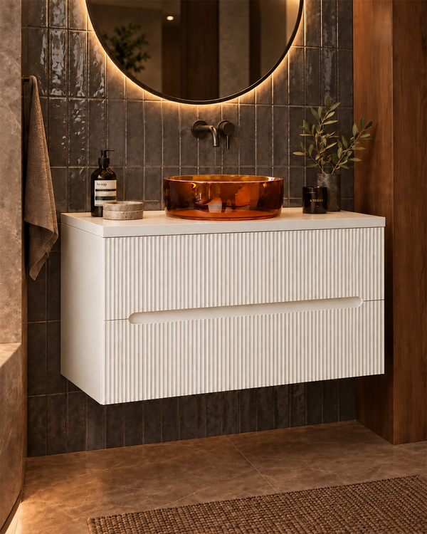 Mobile bagno bianco opaco 90x46 cannettato Ischia ciotola in resina ambra