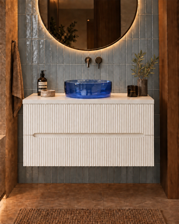 Mobile bagno bianco opaco 90x46 cannettato Ischia ciotola in resina blu