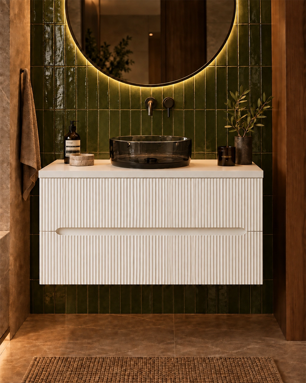 Mobile bagno bianco opaco 90x46 cannettato Ischia ciotola in resina nero