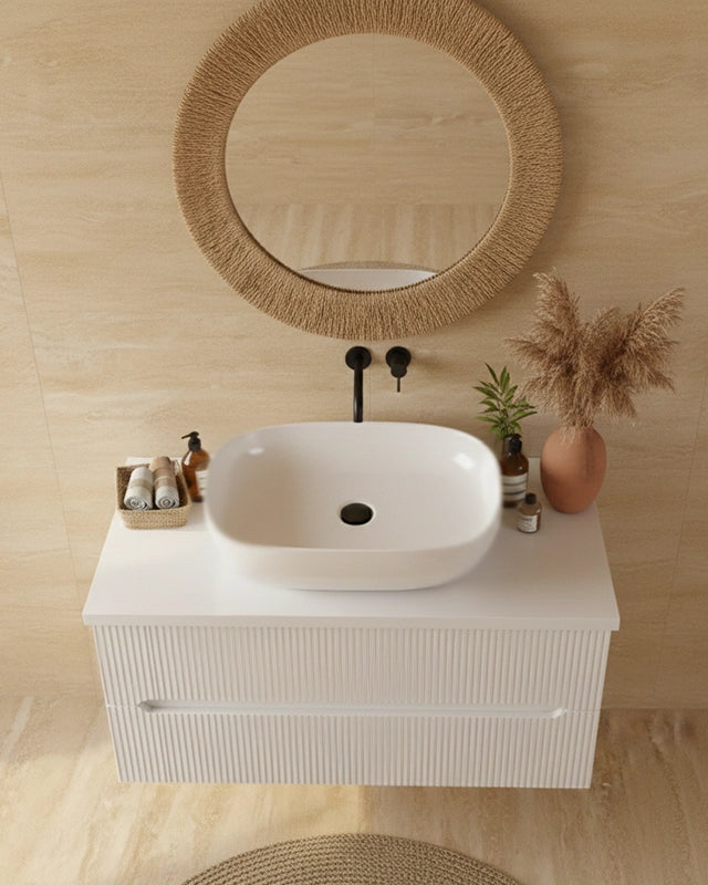 Mobile bagno bianco opaco 90x46 cannettato Urbino con, vista dall'alto del piano con lavabo - Exagonshop