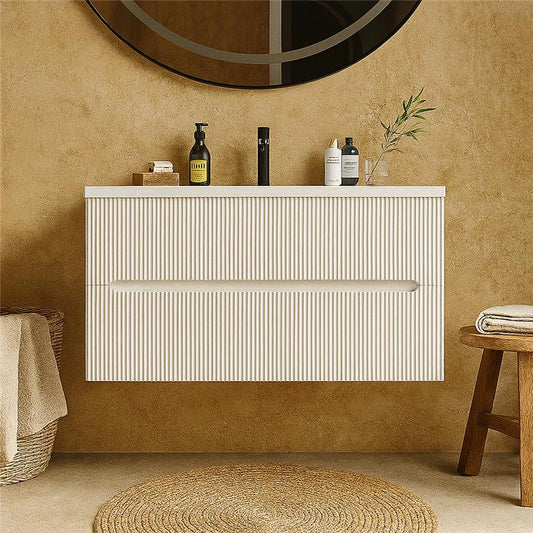 Mobile bagno bianco opaco 120x46 cannettato Urbino due cassetti con lavabo in ceramica