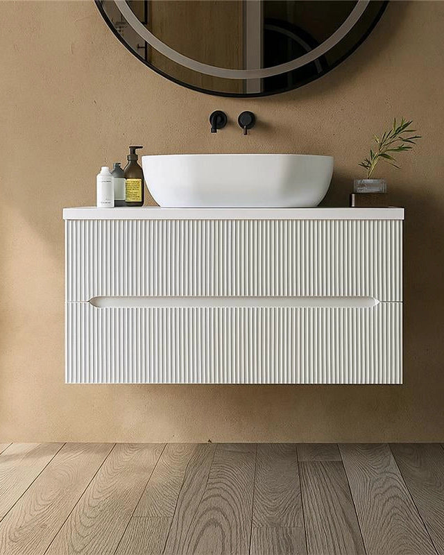 Mobile bagno bianco opaco 90x46 cannettato Urbino con, dettaglio ravvicinato della finitura e del cassetto - Exagonshop