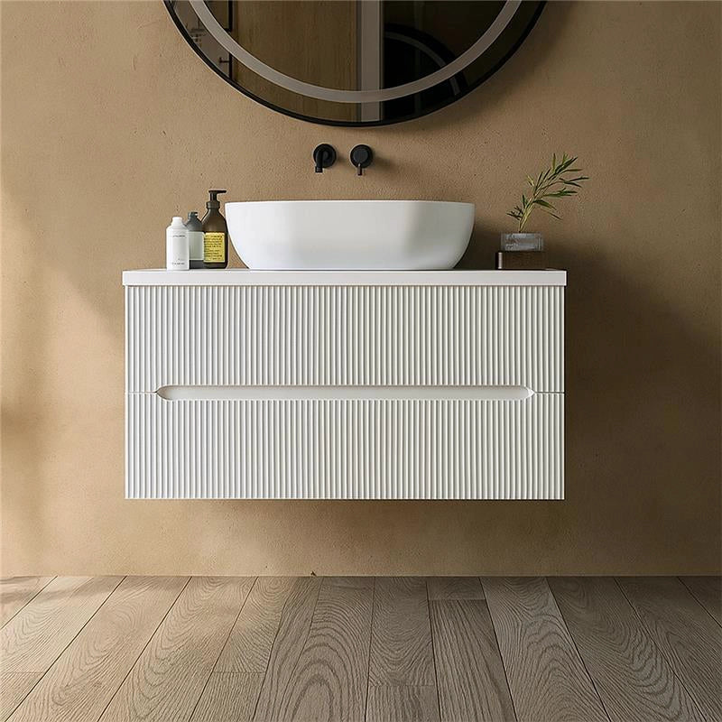 Mobile bagno bianco opaco 70x46 cannettati Urbino con ciotola da appoggio quadra in ceramica e due cassetti