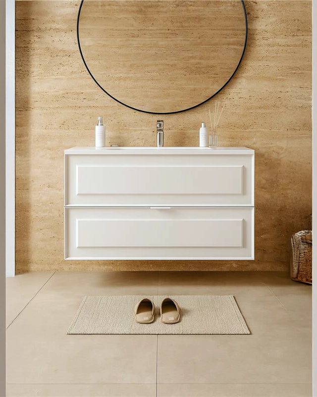 Mobile bagno bianco opaco 82x47 Dublino con lavabo in in ceramica e lucido con lavabo e rubinetteria, vista frontale su...