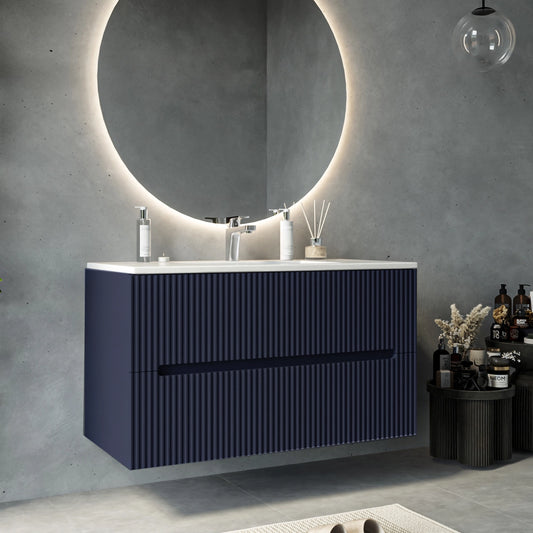 Mobile bagno blu marino 100x46 cannettato Urbino 2.0 con lavabo in resina e due cassetti