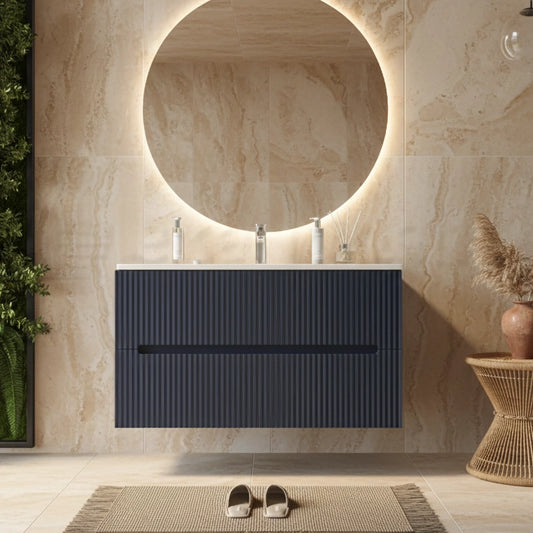 Mobile bagno blu marino 100x46 cannettato Urbino 2.0 con lavabo in resina e due cassetti