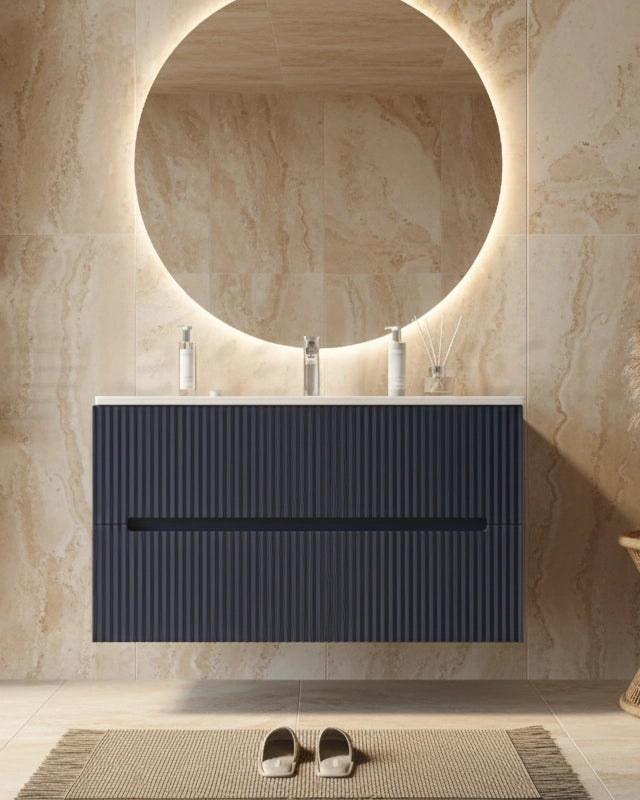 Mobile bagno blu marino 100x46 cannettato Urbino 2.0 lavabo in resina e lucido con lavabo e rubinetteria, vista frontale...