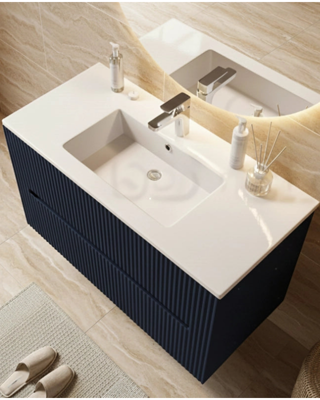 Mobile bagno blu marino 100x46 cannettato Urbino 2.0 lavabo, dettaglio ravvicinato della finitura e del cassetto - Exagonshop